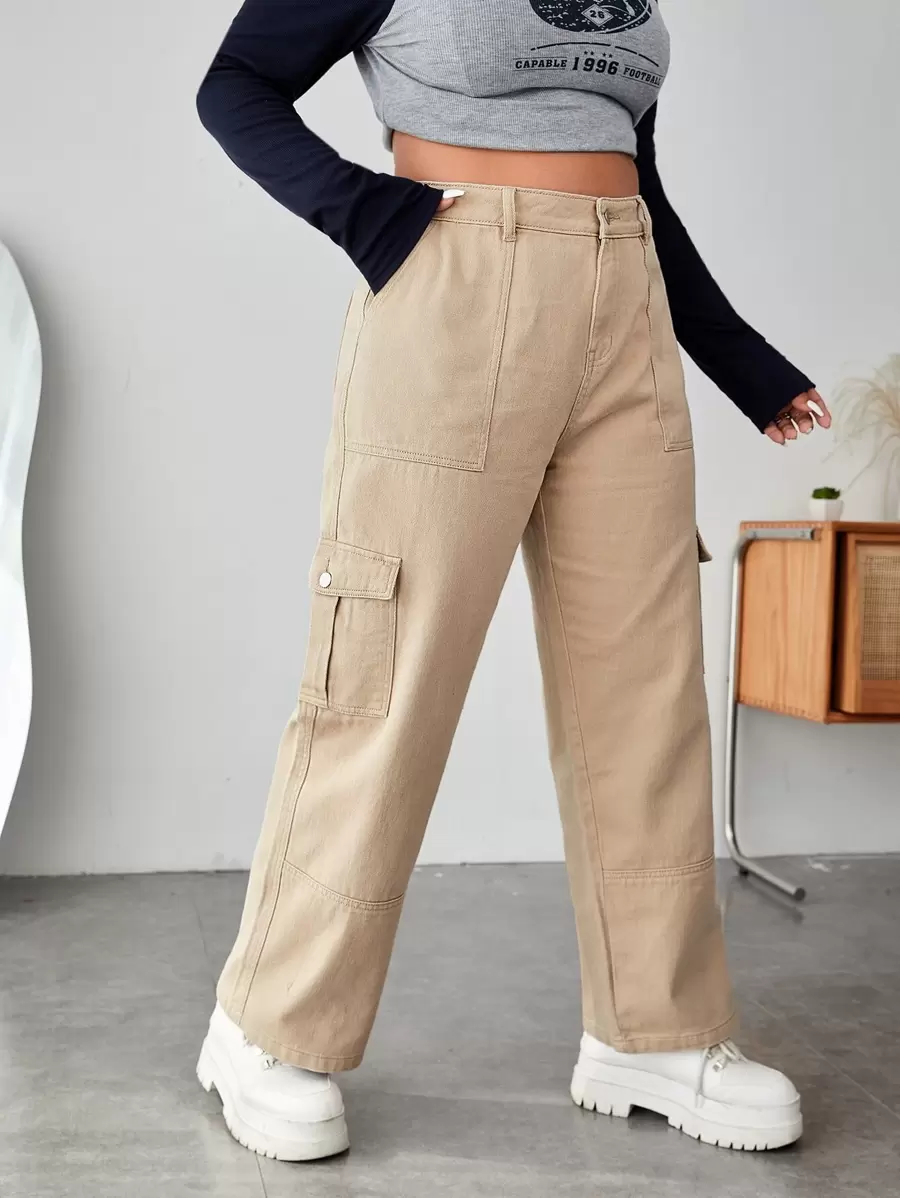 SHEIN EZwear Plus Flap Pocket Side Cargo Jeans, Fall Women Clothes - Khaki - View 1