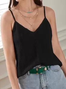 SHEIN Frenchy Solid Cable Knit Cami Top Black Summer