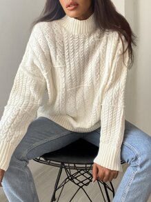 EURMUSE Turtleneck Drop Shoulder Cable Knit Sweater - Beige - View 1