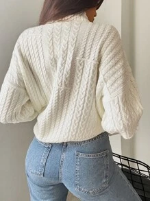 EURMUSE Turtleneck Drop Shoulder Cable Knit Sweater - Beige - View 2