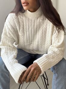EURMUSE Turtleneck Drop Shoulder Cable Knit Sweater - Beige - View 3