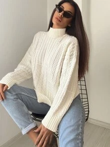 EURMUSE Turtleneck Drop Shoulder Cable Knit Sweater - Beige - View 4