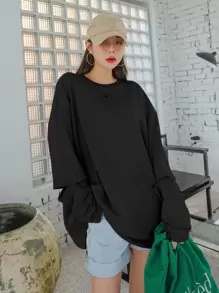 DAZY Schulterfreies Ausschnitt T-Shirt, Langarm Damen Tops für den Herbst - Schwarz - Übersicht 1