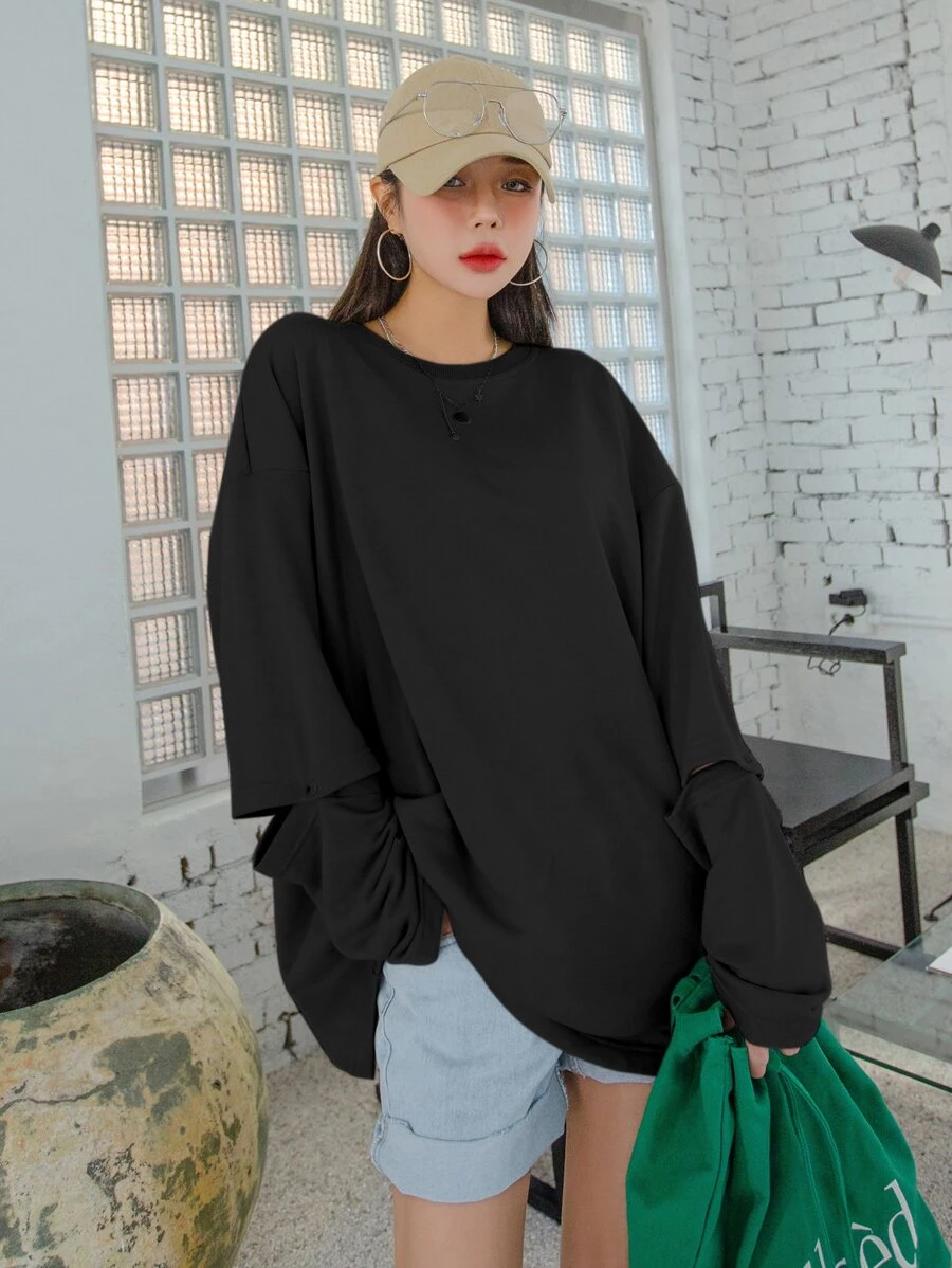 DAZY Schulterfreies Ausschnitt T-Shirt, Langarm Damen Tops für den Herbst - Schwarz - Übersicht 1