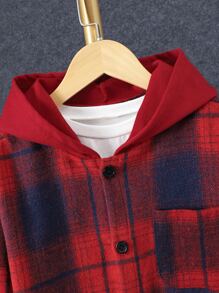 男孩格紋補丁貼口袋連帽襯衫不帶T恤