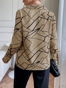 SHEIN Clasi Minimalist Sleek Modern Linear Geometric Print Long Sleeve Shirt - Khaki - View 2