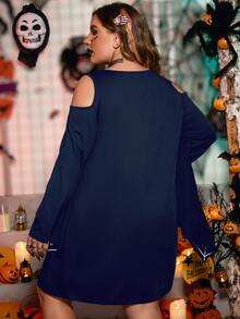 Plus Gothic Spider Web Print Halloween Costume Dress - Navy Blue - View 2