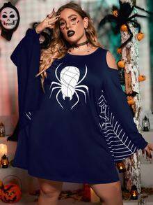 Plus Gothic Spider Web Print Halloween Costume Dress - Navy Blue - View 3