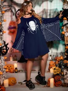 Plus Gothic Spider Web Print Halloween Costume Dress - Navy Blue - View 4