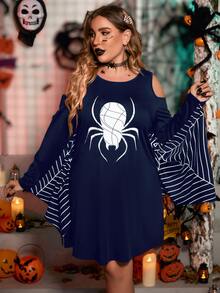 Plus Gothic Spider Web Print Halloween Costume Dress - Navy Blue - View 5