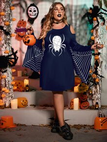 Plus Gothic Spider Web Print Halloween Costume Dress - Navy Blue - View 6