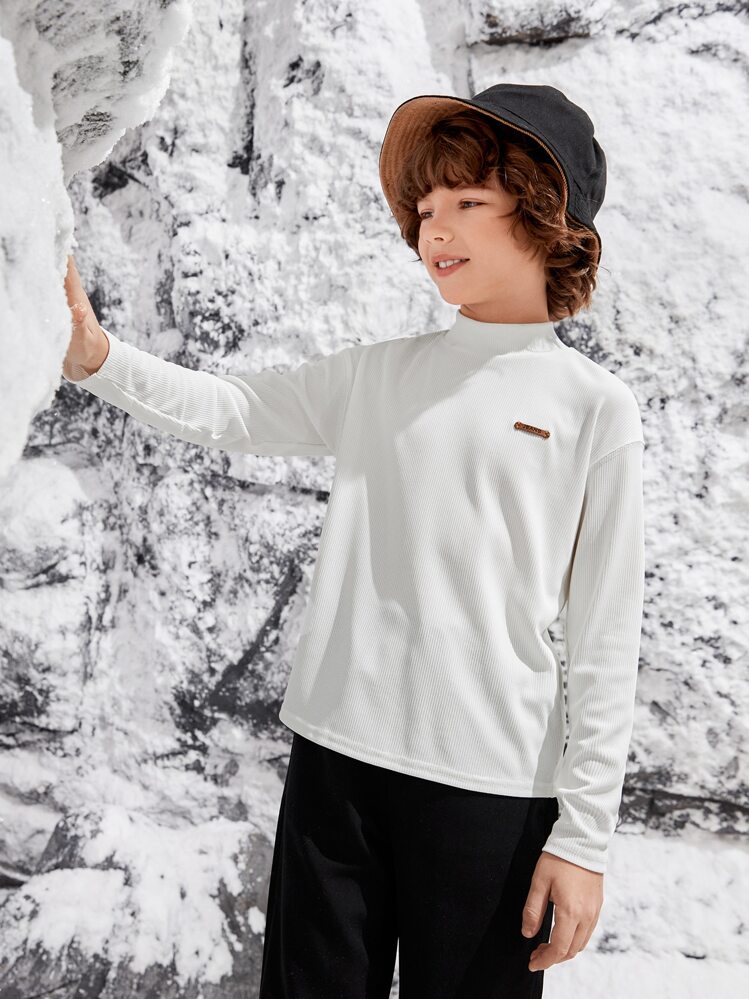 SHEIN Tops con trai Đắp vá Gân đan màu trơn Giải trí - trắng - Xem 1