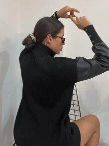 EURMUSE 拼接PU皮革袖小高領長款毛衣 - 黑色 - 查看 2