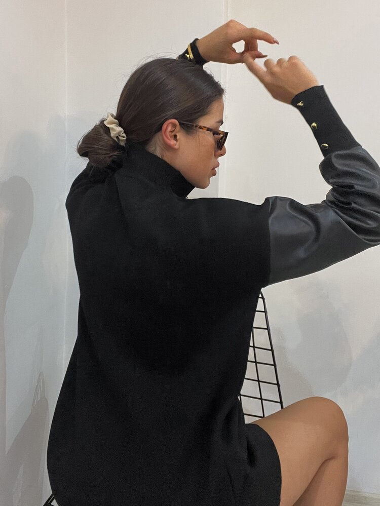 EURMUSE Contrast PU Sleeve Mock Neck Longline Jumper - Black - View 2