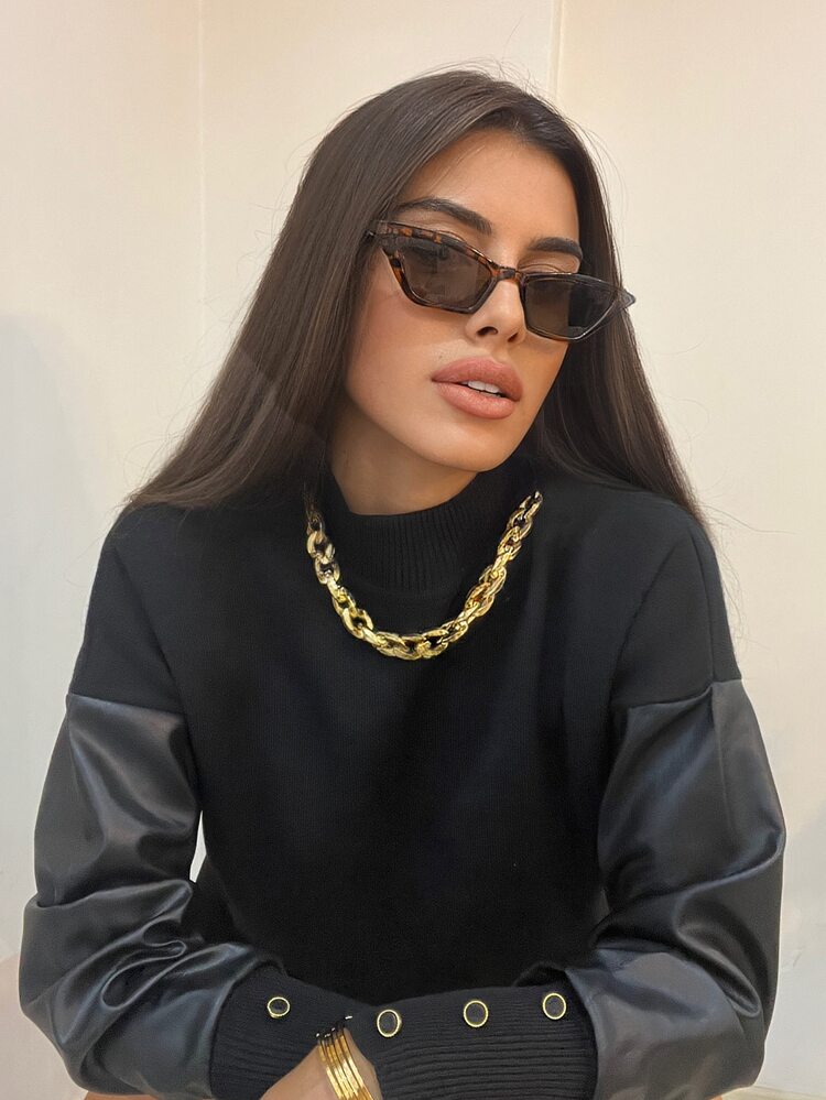 EURMUSE Contrast PU Sleeve Mock Neck Longline Jumper - Black - View 3