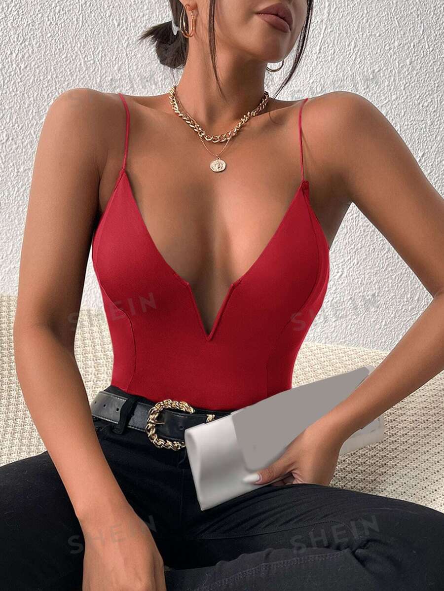 SHEIN PETITE Body de tirantes unicolor corte V - Burdeos - Ver 1