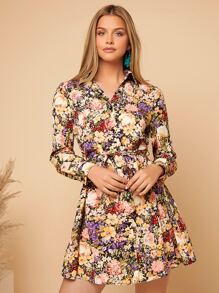 SHEIN Privé Floral Print Shirt Dress - Multicolor - View 2