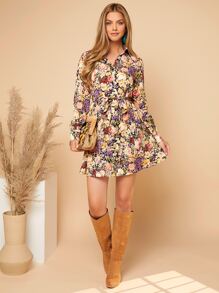 SHEIN Privé Floral Print Shirt Dress - Multicolor - View 1