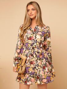SHEIN Privé Floral Print Shirt Dress - Multicolor - View 4