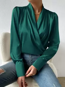 SHEIN Privé Draped Front Satin Shirt - Dark Green - View 1