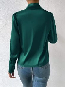 SHEIN Privé Draped Front Satin Shirt - Dark Green - View 2