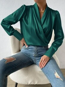 SHEIN Privé Draped Front Satin Shirt - Dark Green - View 6