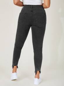 SHEIN Essnce 加绒面料保暖高腰毛边紧身牛仔裤加厚牛仔布，适合冬季 - 黑色 - 查看 2