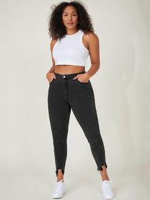 SHEIN Essnce 加绒面料保暖高腰毛边紧身牛仔裤加厚牛仔布，适合冬季 - 黑色 - 查看 3