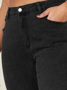 SHEIN Essnce 加绒面料保暖高腰毛边紧身牛仔裤加厚牛仔布，适合冬季 - 黑色 - 查看 5