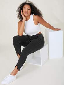 SHEIN Essnce 加绒面料保暖高腰毛边紧身牛仔裤加厚牛仔布，适合冬季 - 黑色 - 查看 6