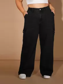 SHEIN ICON Plus Flap Pockets Cargo Jeans - Black - View 1