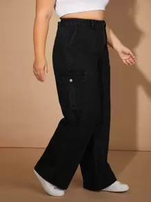 SHEIN ICON Plus Flap Pockets Cargo Jeans - Black - View 4