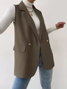 BizChic 女士纯色无袖前襟纽扣简约外套，休闲百搭上衣，适合日常穿着、通勤，秋冬季简约时尚商务休闲风 - 摩卡棕 - 查看 1