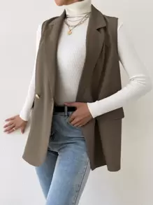 BizChic 女士纯色无袖前襟纽扣简约外套，休闲百搭上衣，适合日常穿着、通勤，秋冬季简约时尚商务休闲风 - 摩卡棕 - 查看 3