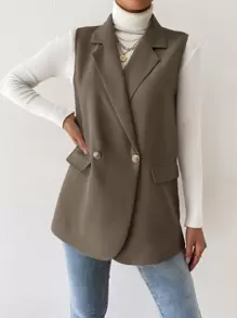 BizChic 女士纯色无袖前襟纽扣简约外套，休闲百搭上衣，适合日常穿着、通勤，秋冬季简约时尚商务休闲风 - 摩卡棕 - 查看 5