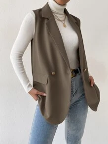 BizChic 女士纯色无袖前襟纽扣简约外套，休闲百搭上衣，适合日常穿着、通勤，秋冬季简约时尚商务休闲风 - 摩卡棕 - 查看 6