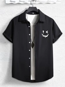 Manfinity Homme Hombres Camisa con estampado de expresión con botón delantero sin camiseta - Negro - Ver 1