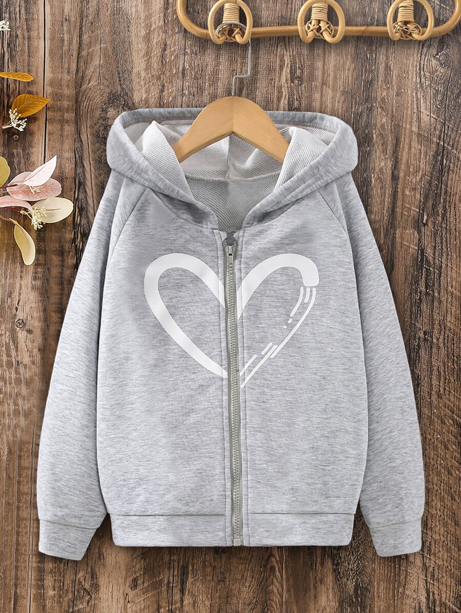 少女心形印花拉链卫衣 - 淺灰色 - 查看 1