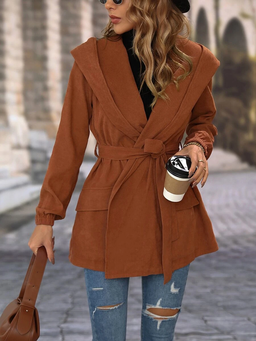 SHEIN LUNE Flap Pocket Hooded Belted Coat - Rust Brown - View 1