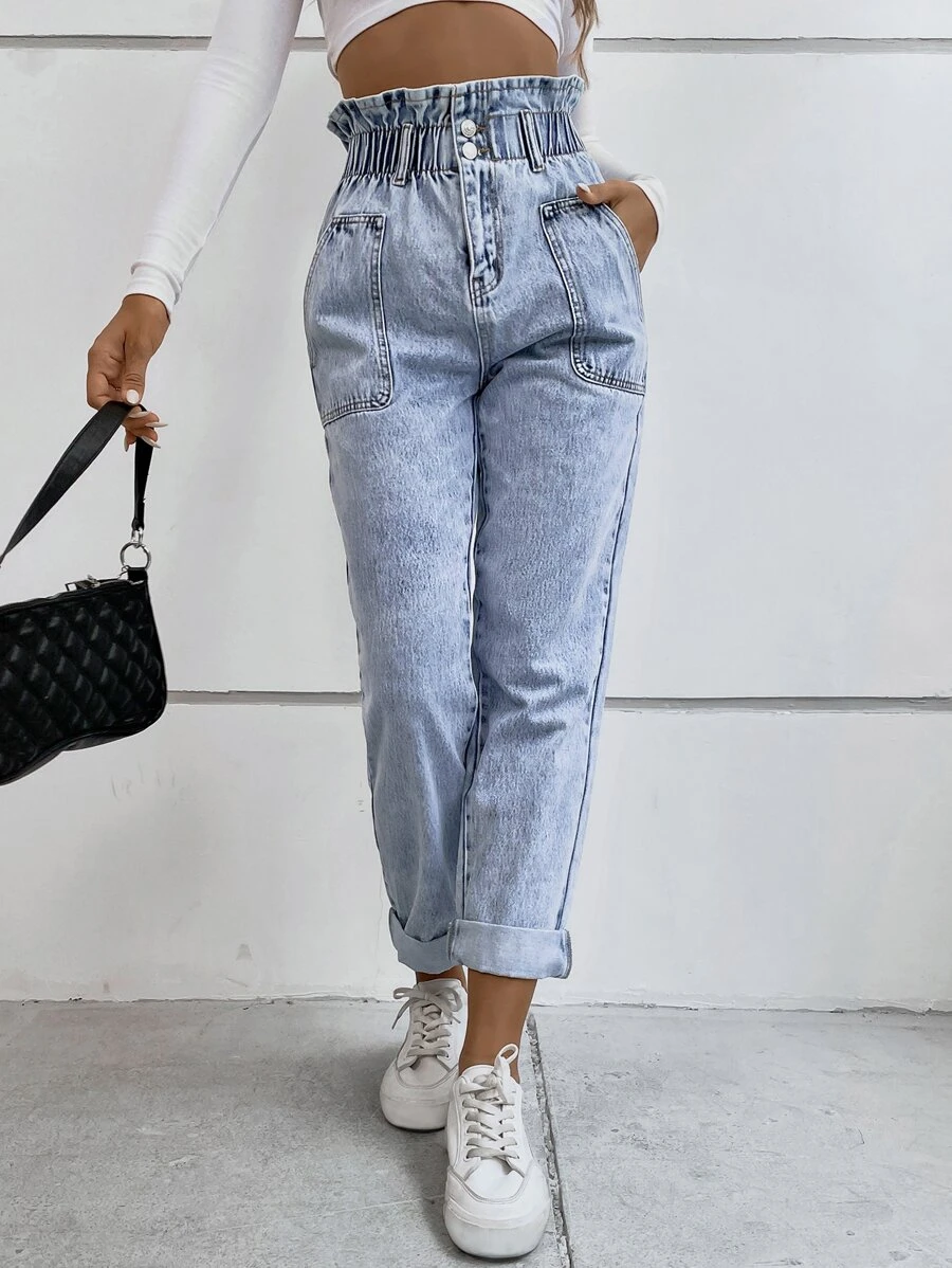 Flexra Paper Bag Waist Mom Fit Jeans Winter Casual - Light Wash - View 1