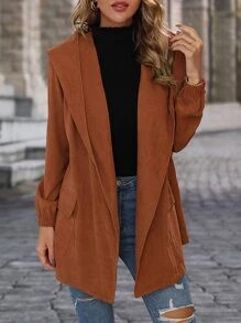 SHEIN LUNE Flap Pocket Hooded Belted Coat - Rust Brown - View 3