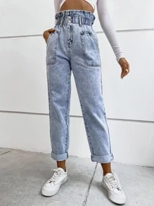 Flexra Paper Bag Waist Mom Fit Jeans Winter Casual - Light Wash - View 3