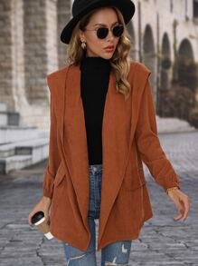 SHEIN LUNE Flap Pocket Hooded Belted Coat - Rust Brown - View 4