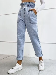 Flexra Paper Bag Waist Mom Fit Jeans Winter Casual - Light Wash - View 4