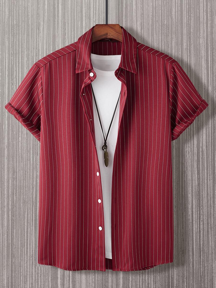 Manfinity Homme Hombres Camisa de rayas con botón delantero sin camiseta - Burdeos - Ver 1