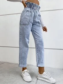 Flexra Paper Bag Waist Mom Fit Jeans Winter Casual - Light Wash - View 5