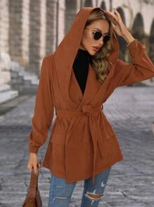 SHEIN LUNE Flap Pocket Hooded Belted Coat - Rust Brown - View 5