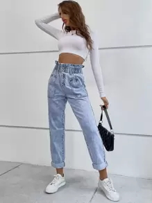 Flexra Paper Bag Waist Mom Fit Jeans Winter Casual - Light Wash - View 6