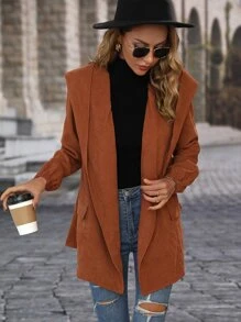 SHEIN LUNE Flap Pocket Hooded Belted Coat - Rust Brown - View 6