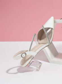 Rhinestone Decor Point Toe Clear Chunky Heeled Slingback Pumps, Solid Color Ladies High Heel Shoes With Transparent Heels And White Rhinestones For Parties Valentines - White - View 3